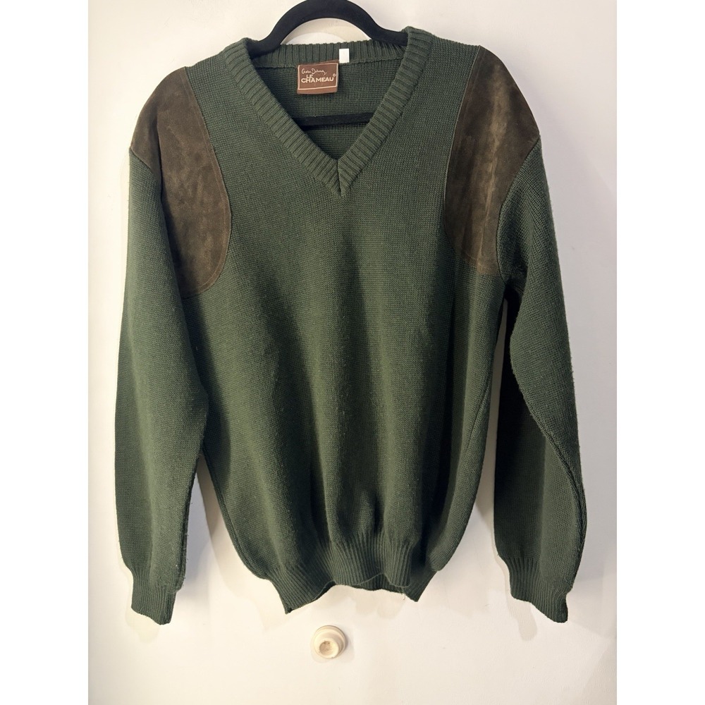 Le Chameau Wool Blend Sweater Jumper Men's L Green V Neck Suede Shoulder Patches